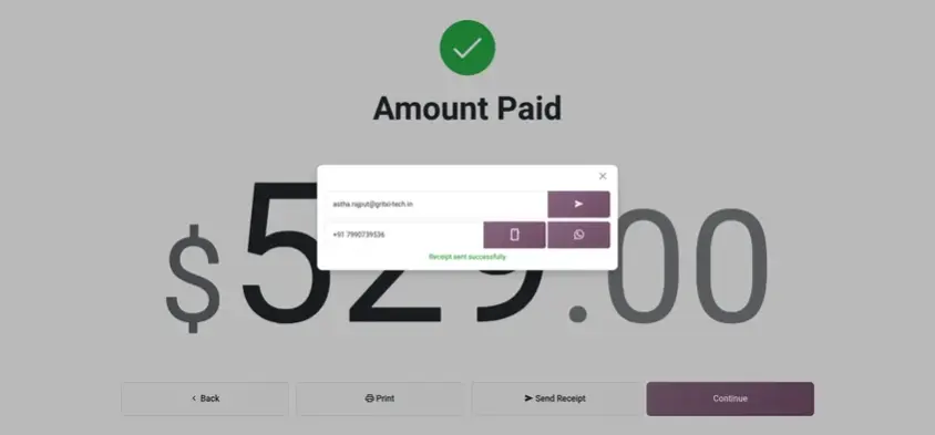 Odoo 20 POS screenshot: sending the customer receipt by WhatsApp or SMS after payment (step 4 of 5)