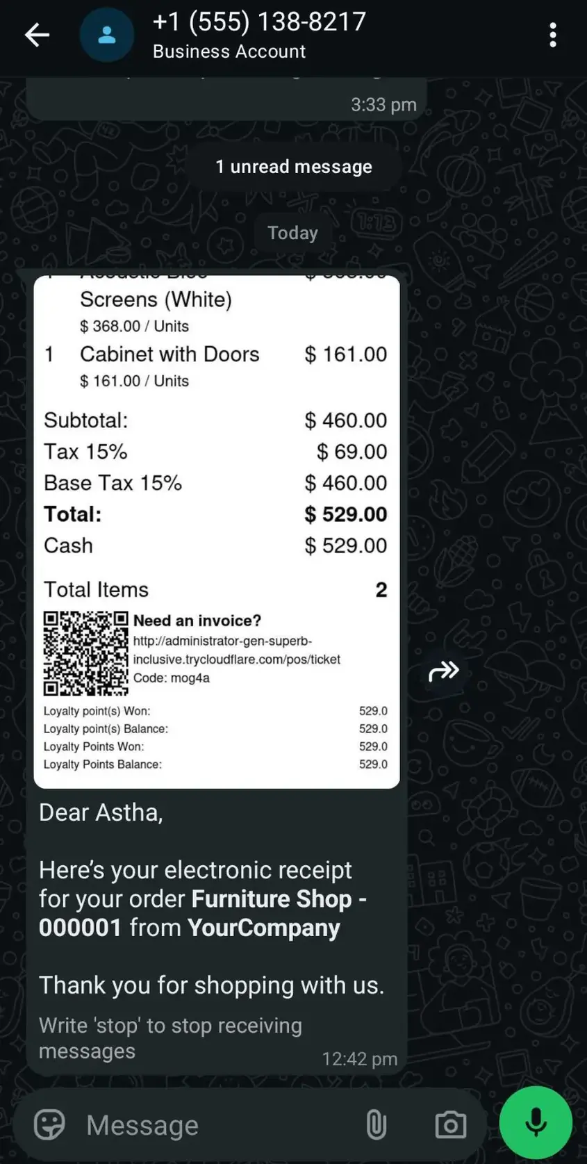 Odoo 20 POS screenshot: sending the customer receipt by WhatsApp or SMS after payment (step 5 of 5)