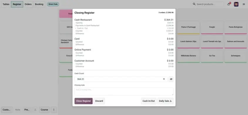 Odoo 20 POS screenshot: closing a POS session to post one clean accounting entry for the whole session (step 1 of 2)
