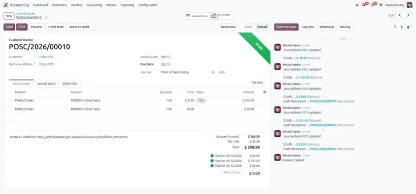 Odoo 20 POS screenshot: closing a POS session to post one clean accounting entry for the whole session (step 2 of 2)