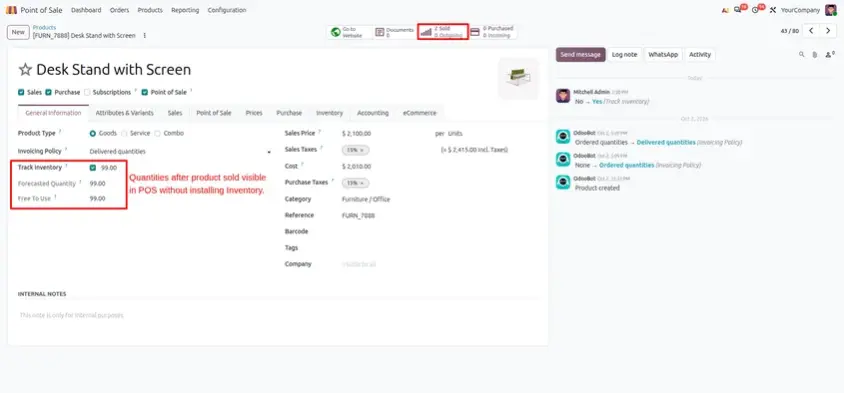 Odoo 20 POS screenshot: tracking on-hand quantity in POS without the Inventory app (step 3 of 3)