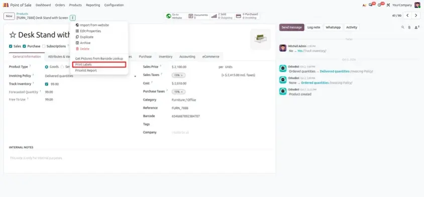 Odoo 20 POS screenshot: printing the base price per unit on a product label (step 1 of 3)