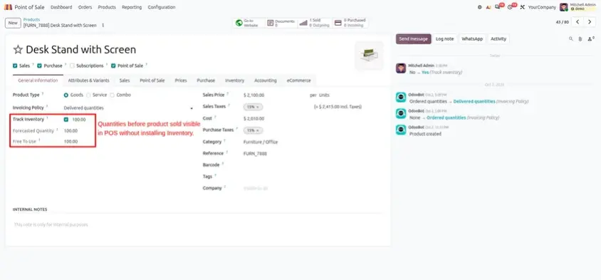 Odoo 20 POS screenshot: tracking on-hand quantity in POS without the Inventory app (step 1 of 3)