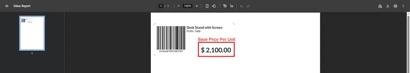 Odoo 20 POS screenshot: printing the base price per unit on a product label (step 3 of 3)