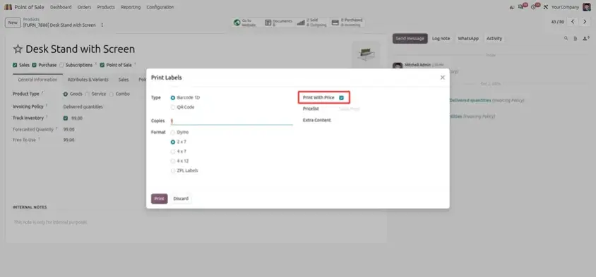 Odoo 20 POS screenshot: printing the base price per unit on a product label (step 2 of 3)