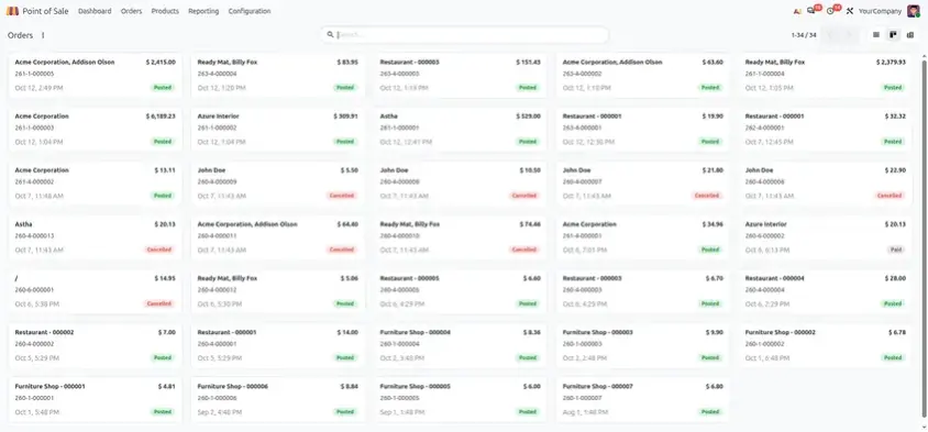 Odoo 20 POS screenshot: Kanban and pivot views for bookings (step 1 of 2)