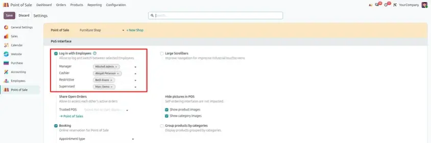 Odoo 20 POS screenshot: setting employee access levels, including the new Supervised level (step 1 of 8)