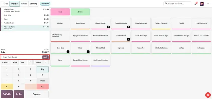 Odoo 20 POS screenshot: converting order items into a combo in the POS (step 1 of 2)