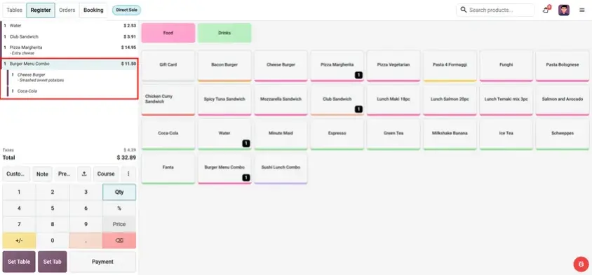 Odoo 20 POS screenshot: converting order items into a combo in the POS (step 2 of 2)