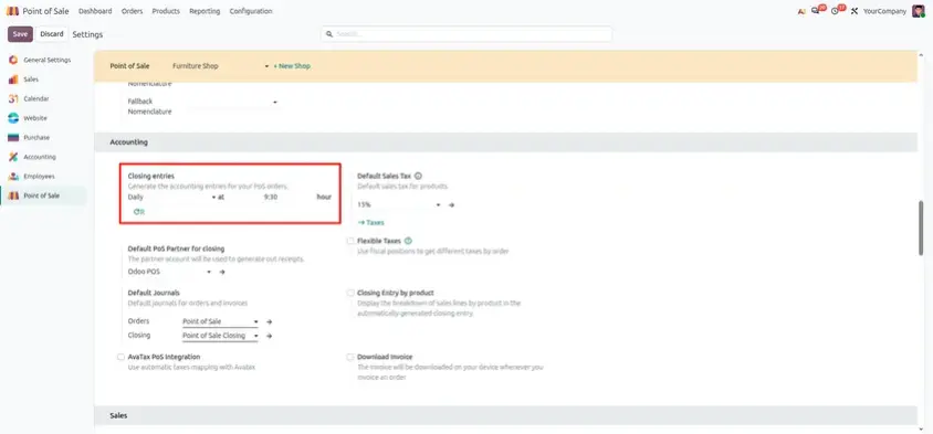 Odoo 20 POS screenshot: automatic payment entries created at a set time