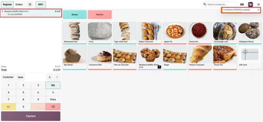 Odoo 20 POS screenshot: notification shown when an expired product is selected at the till (step 1 of 3)