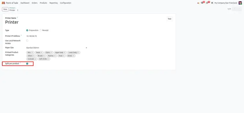Odoo 20 POS screenshot: Split per product printing one preparation ticket for each item (step 1 of 2)