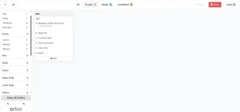 Odoo 20 POS screenshot: Split per product printing one preparation ticket for each item (step 2 of 2)