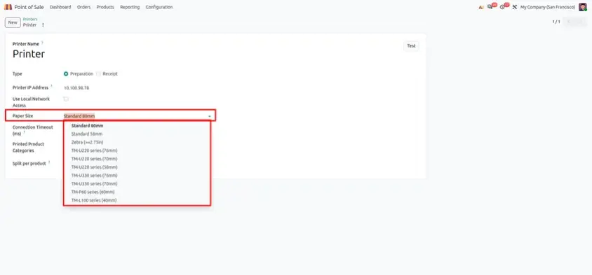 Odoo 20 POS screenshot: setting the printer paper size manually in developer mode