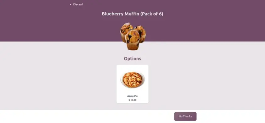 Odoo 20 POS screenshot: optional products such as drinks and sides shown in self-ordering (step 2 of 2)