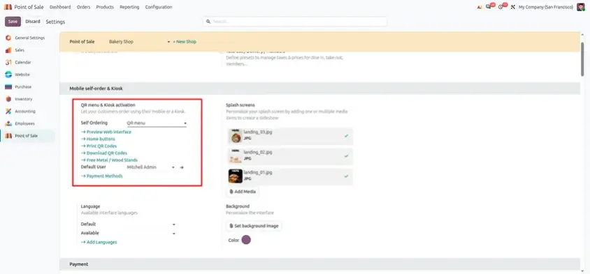 Odoo 20 POS screenshot: pay-after-eating order QR code for self-ordering (step 1 of 2)
