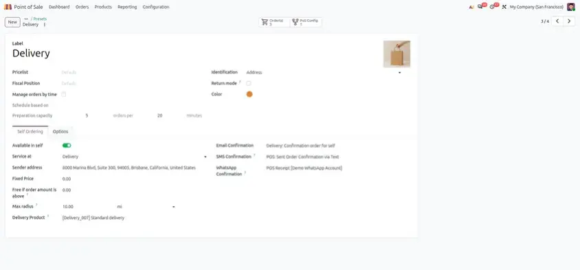 Odoo 20 POS screenshot: adding a service fee to POS and self-orders through presets (step 2 of 2)