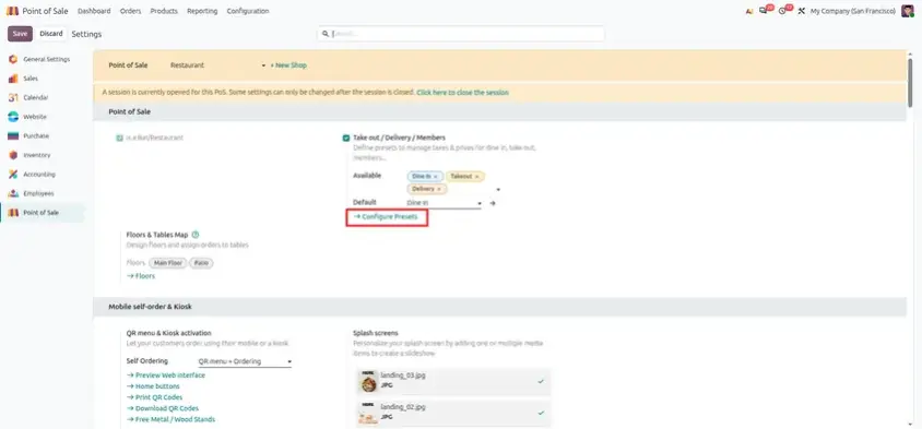 Odoo 20 POS screenshot: adding a service fee to POS and self-orders through presets (step 1 of 2)