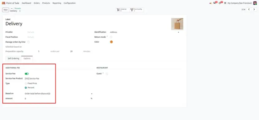 Odoo 20 POS screenshot: printing a simplified receipt with only subtotals and taxes (step 2 of 4)