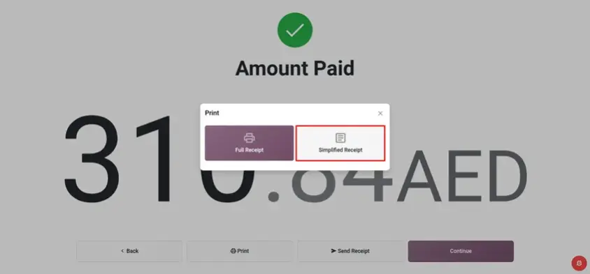Odoo 20 POS screenshot: printing a simplified receipt with only subtotals and taxes (step 3 of 4)