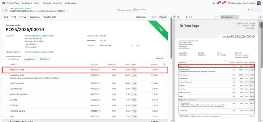 Odoo 20 POS screenshot: printing a simplified receipt with only subtotals and taxes (step 1 of 4)