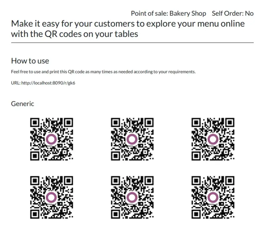 Odoo 20 POS screenshot: pay-after-eating order QR code for self-ordering (step 2 of 2)
