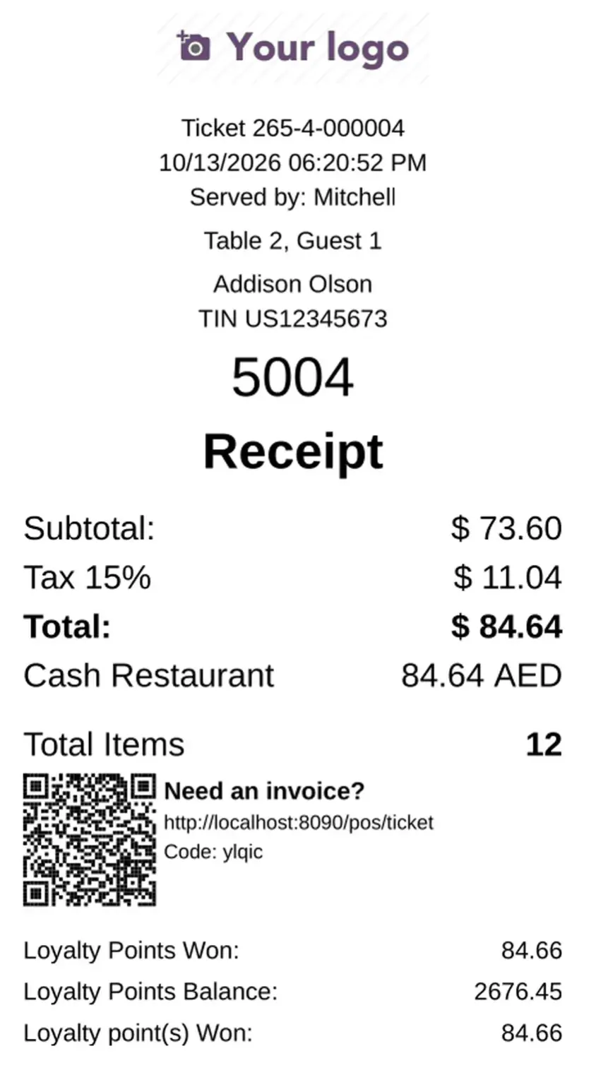 Odoo 20 POS screenshot: printing a simplified receipt with only subtotals and taxes (step 4 of 4)