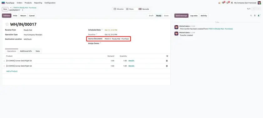 Odoo 20 receipt transfer showing the vendor purchase reference.