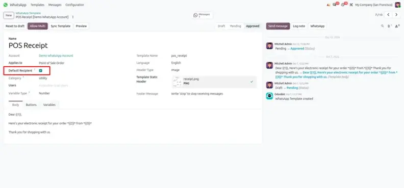 Odoo 20 WhatsApp integration overview in the Odoo interface