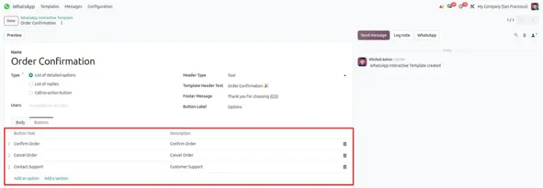Odoo 20 WhatsApp interactive message template with action buttons