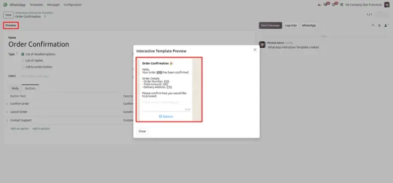Odoo 20 WhatsApp template using named parameters