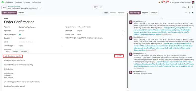 Odoo 20 WhatsApp authentication and account setup screen