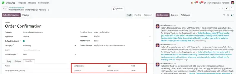 Odoo 20 WhatsApp message template preview