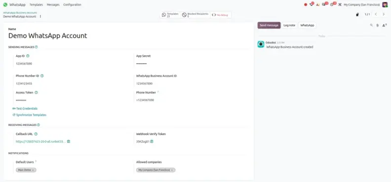 Odoo 20 WhatsApp integration settings and configuration options