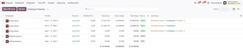Odoo 20 employee payslip showing worked days and salary information