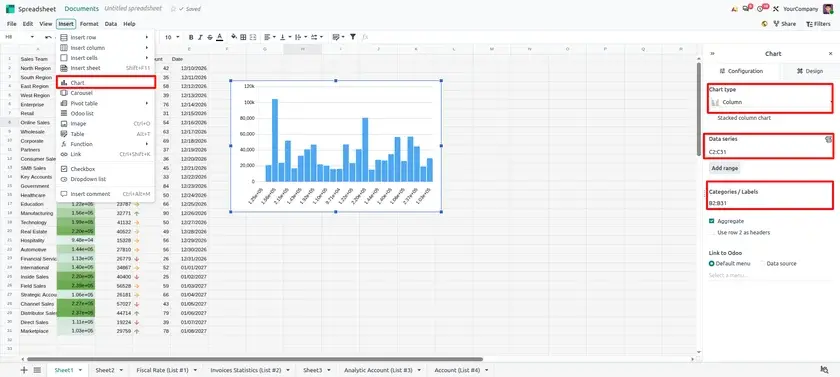 Odoo 20 Spreadsheet interface for business data analysis and reporting