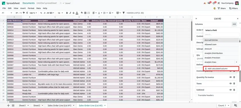 Odoo 20 Spreadsheet displayed on a mobile device with pinch-to-zoom