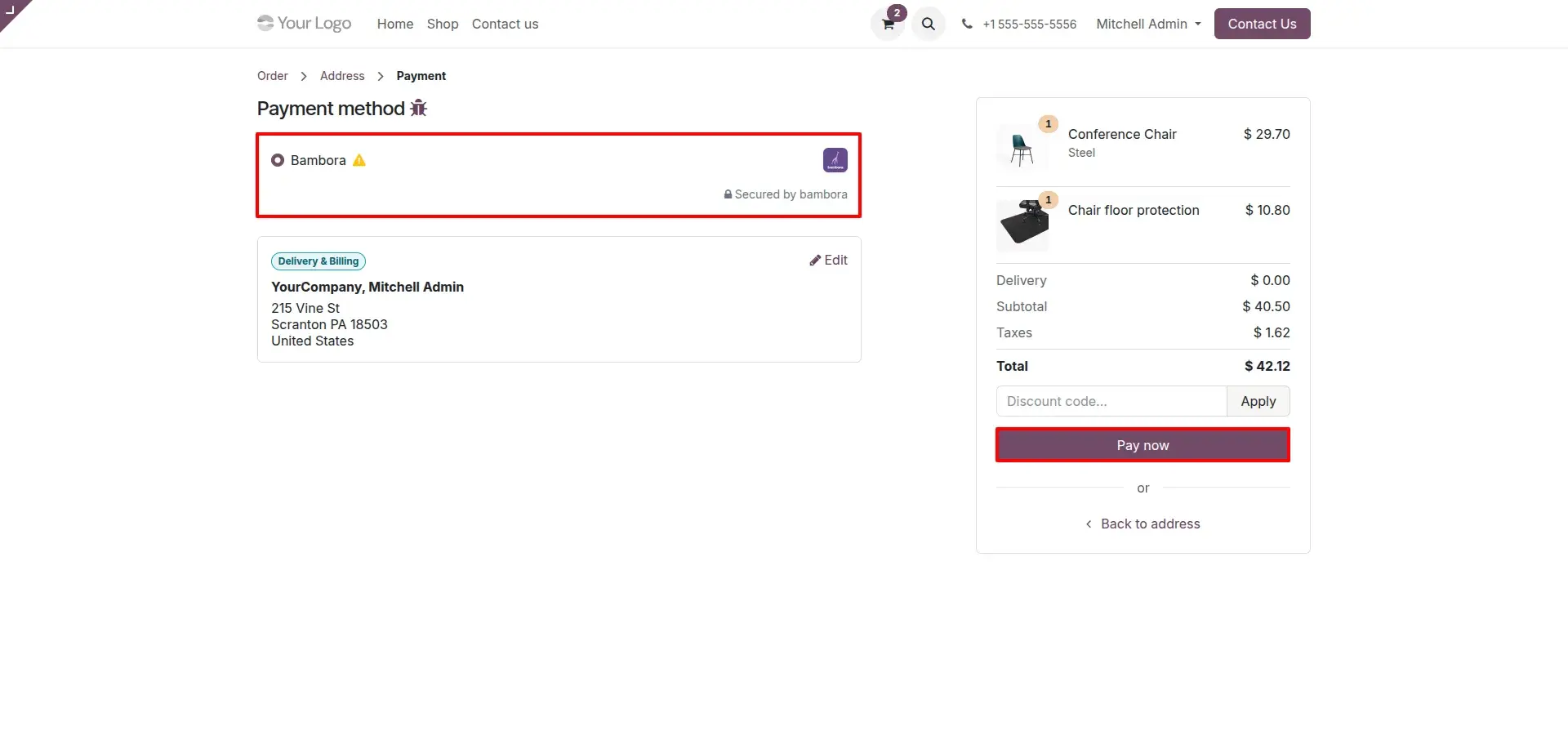 Bambora Selected as Payment Method