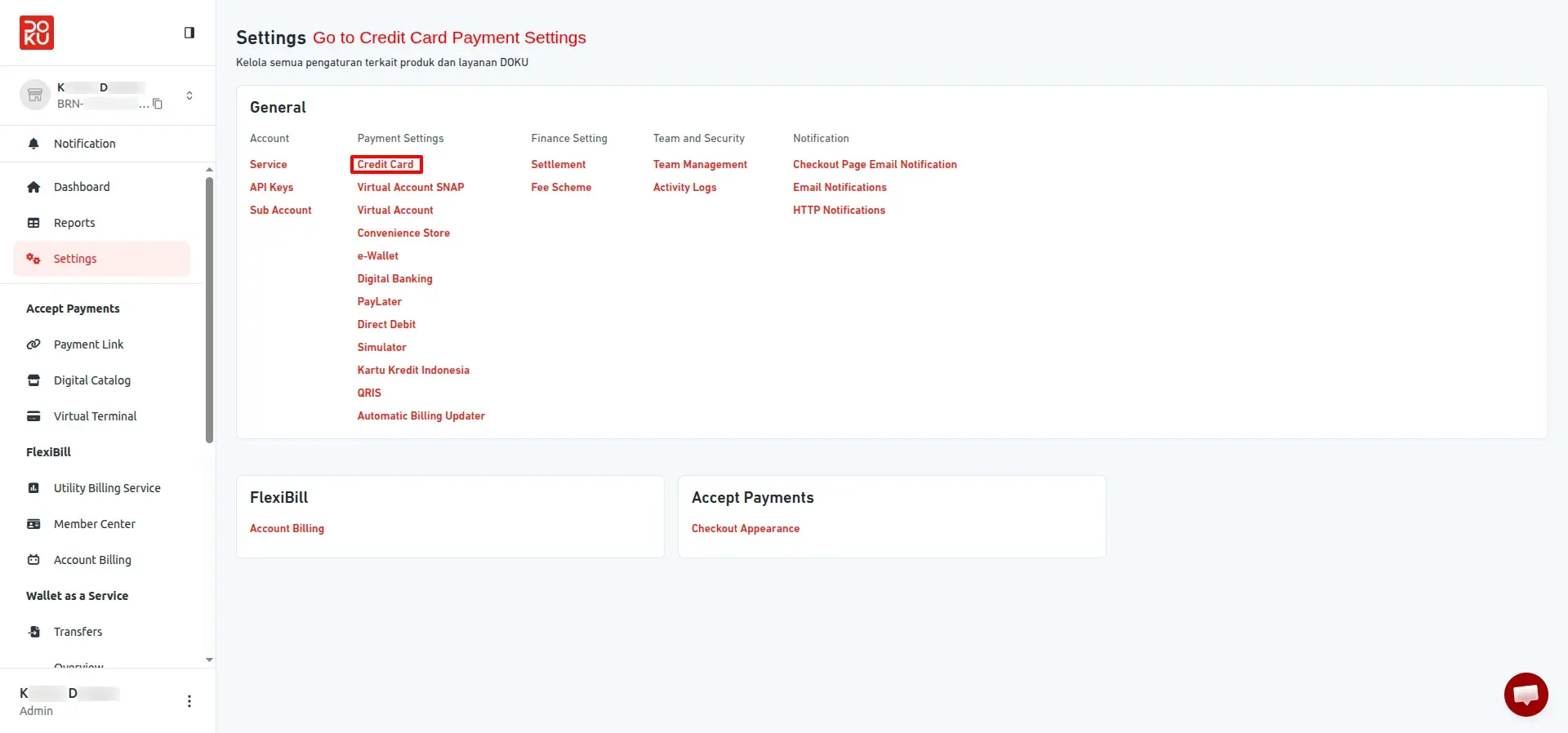 Credit Card Settings Panel