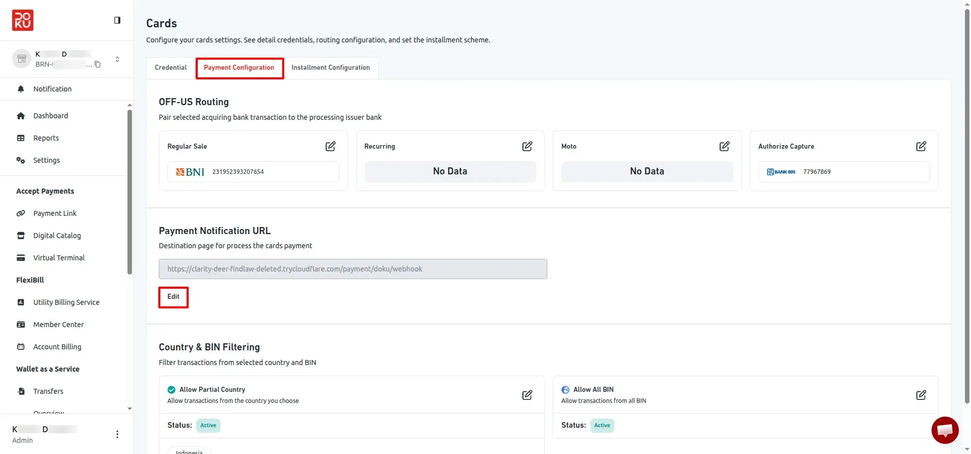Payment Configuration Screen