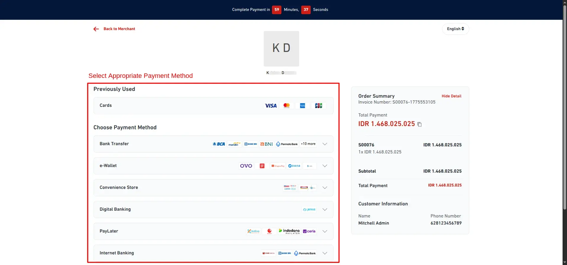 Payment Method Selection on DOKU Portal