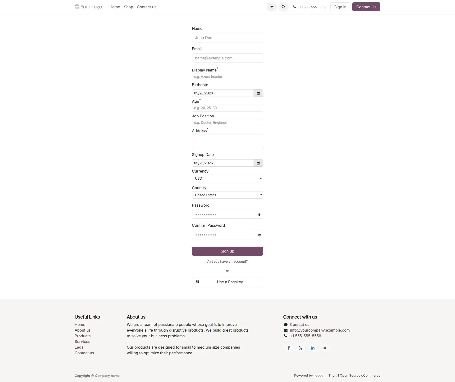 Layout of the Signup Page