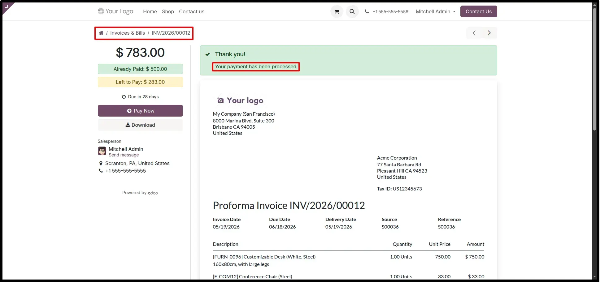 Payment Success & Invoice Details