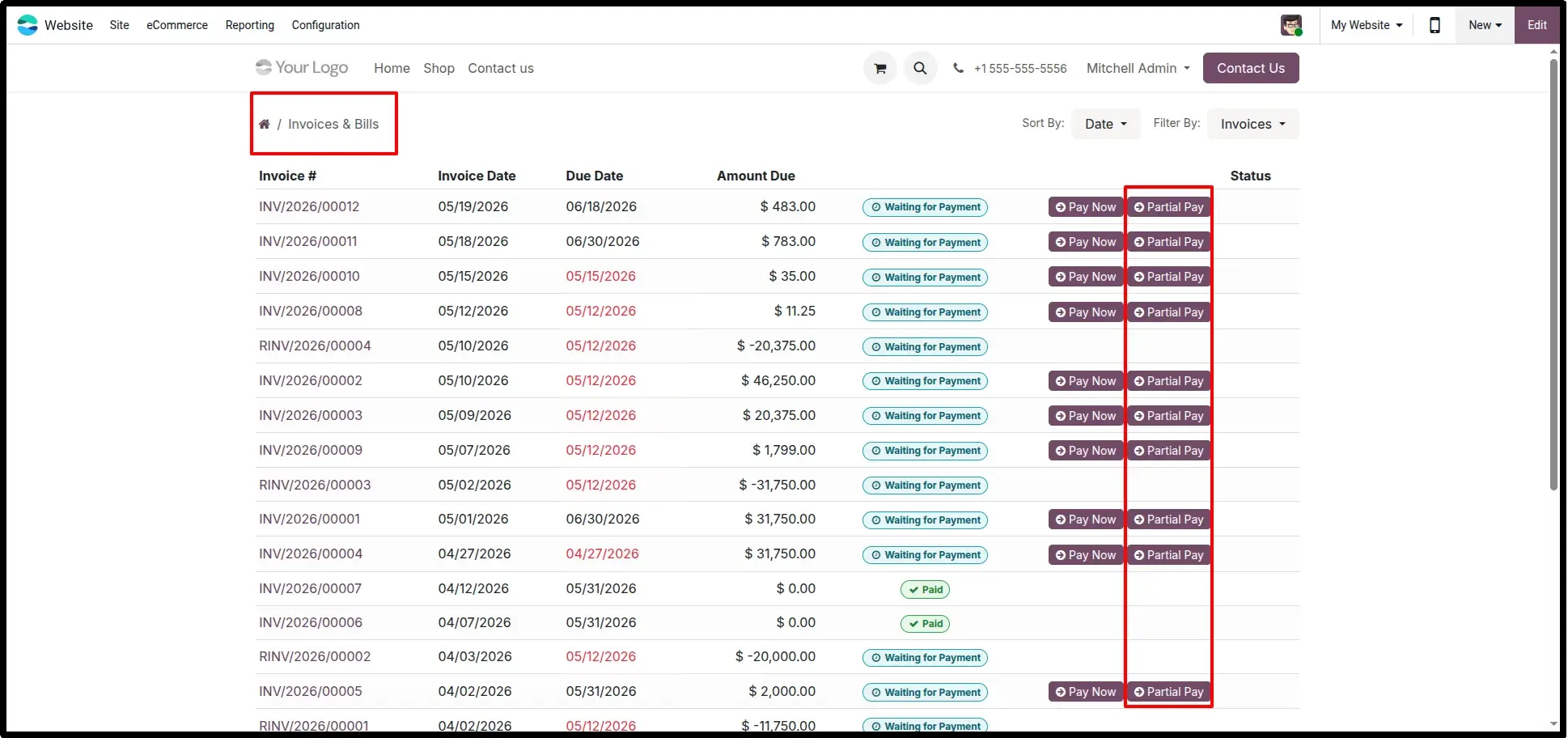 Partial Pay Button on Due Invoices