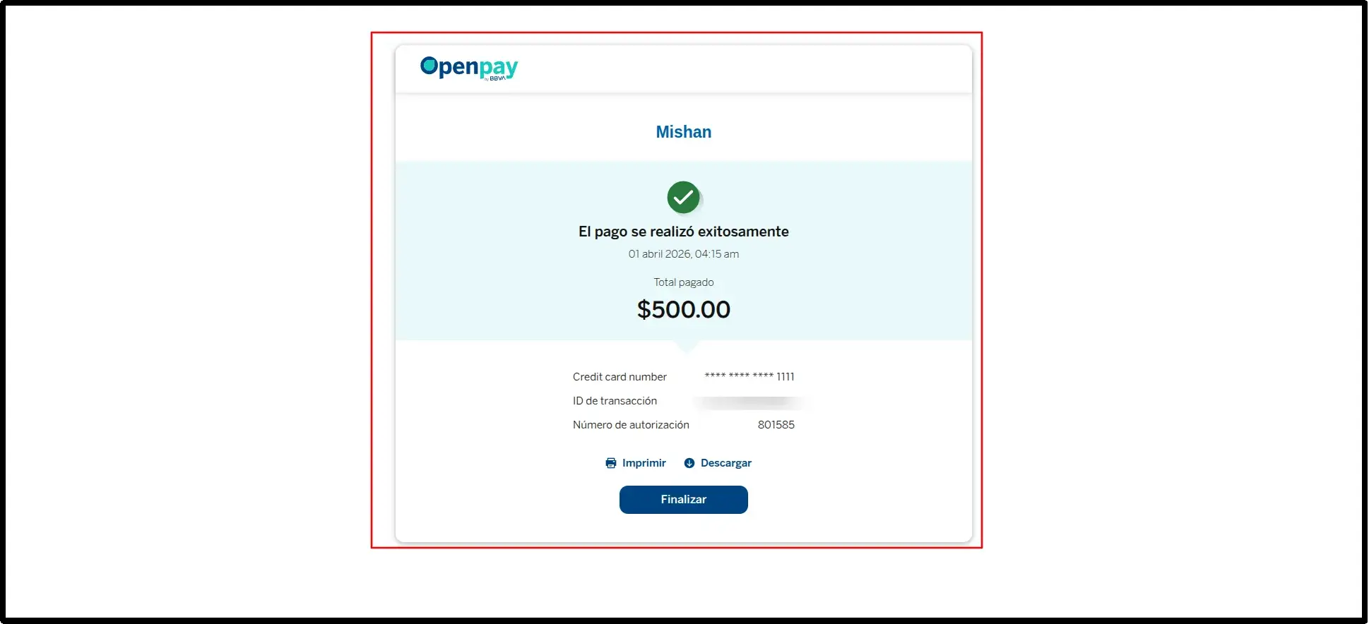 Payment Success Confirmation on Openpay