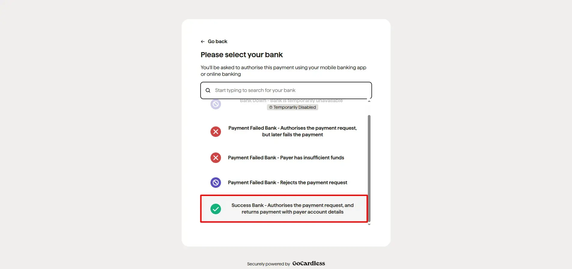 Bank Selection (Sandbox)