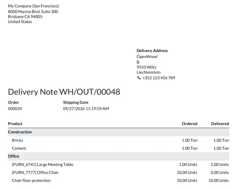 Delivery Slip Report with Sections and Notes