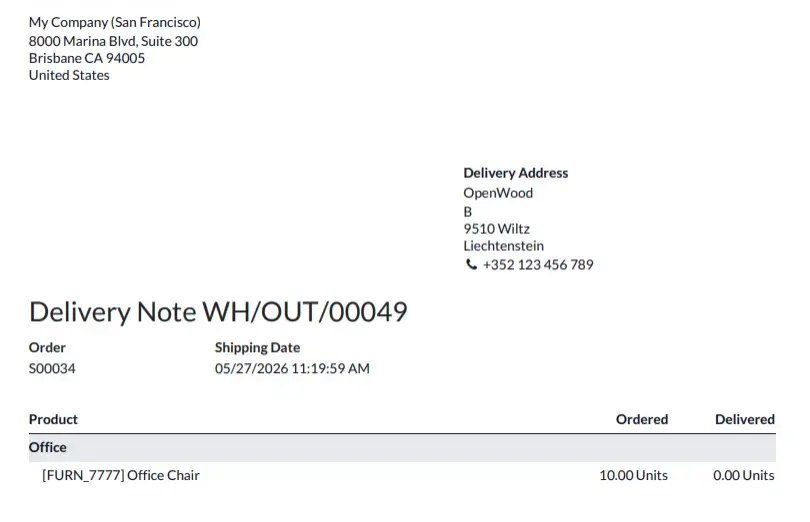 Backorder Delivery Slip with Sections and Notes