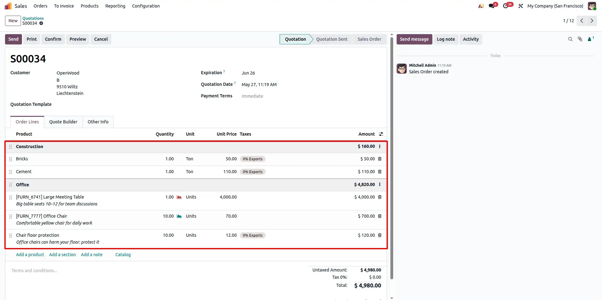 Sales Order with Section Lines