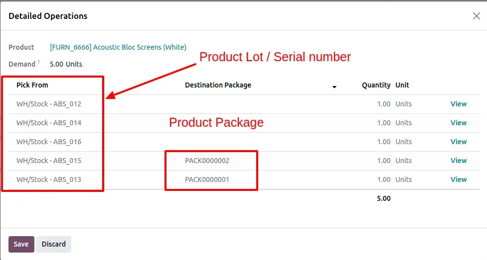 Product Lot/Serial Numbers with Assigned Packages